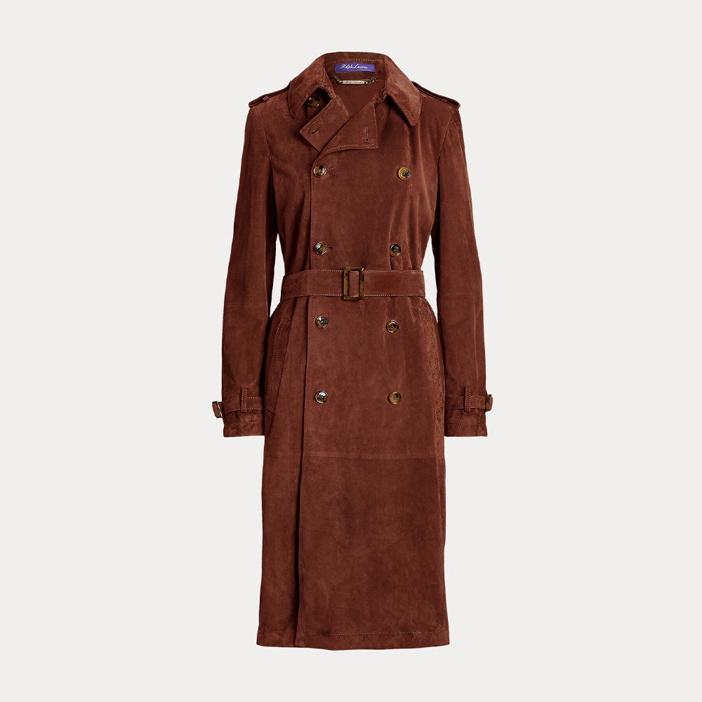 Ralph Lauren Women's Autumn/Winter Sheepskin Suede Leather Double-Breasted Vintage Belt Solid Color Lapel Long Coat Jacket Ngvp #2298