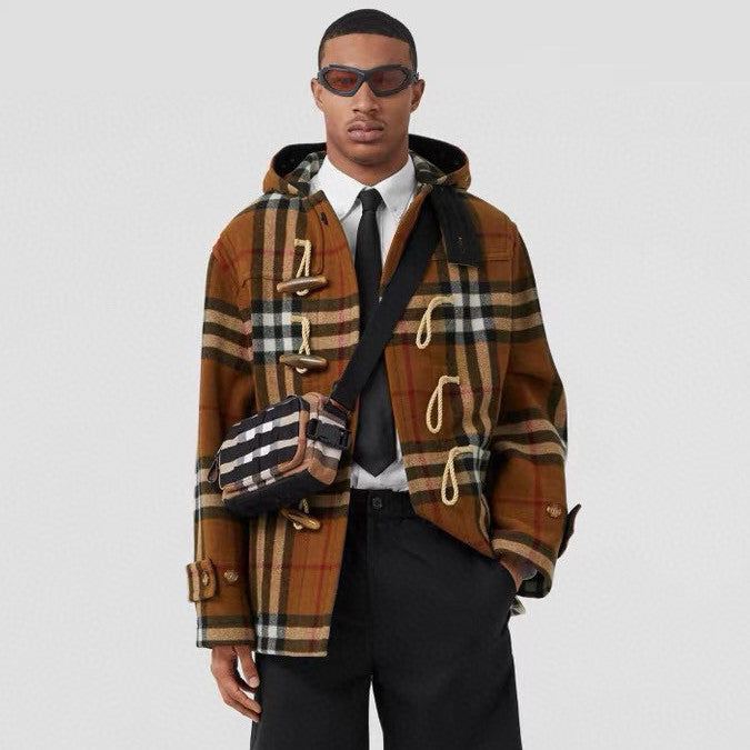 Burberry Men's And Women's Fall/winter Fashion Casual Checkered Hooded Single Breasted Short Coat With Horn Buttons Jacket #79427