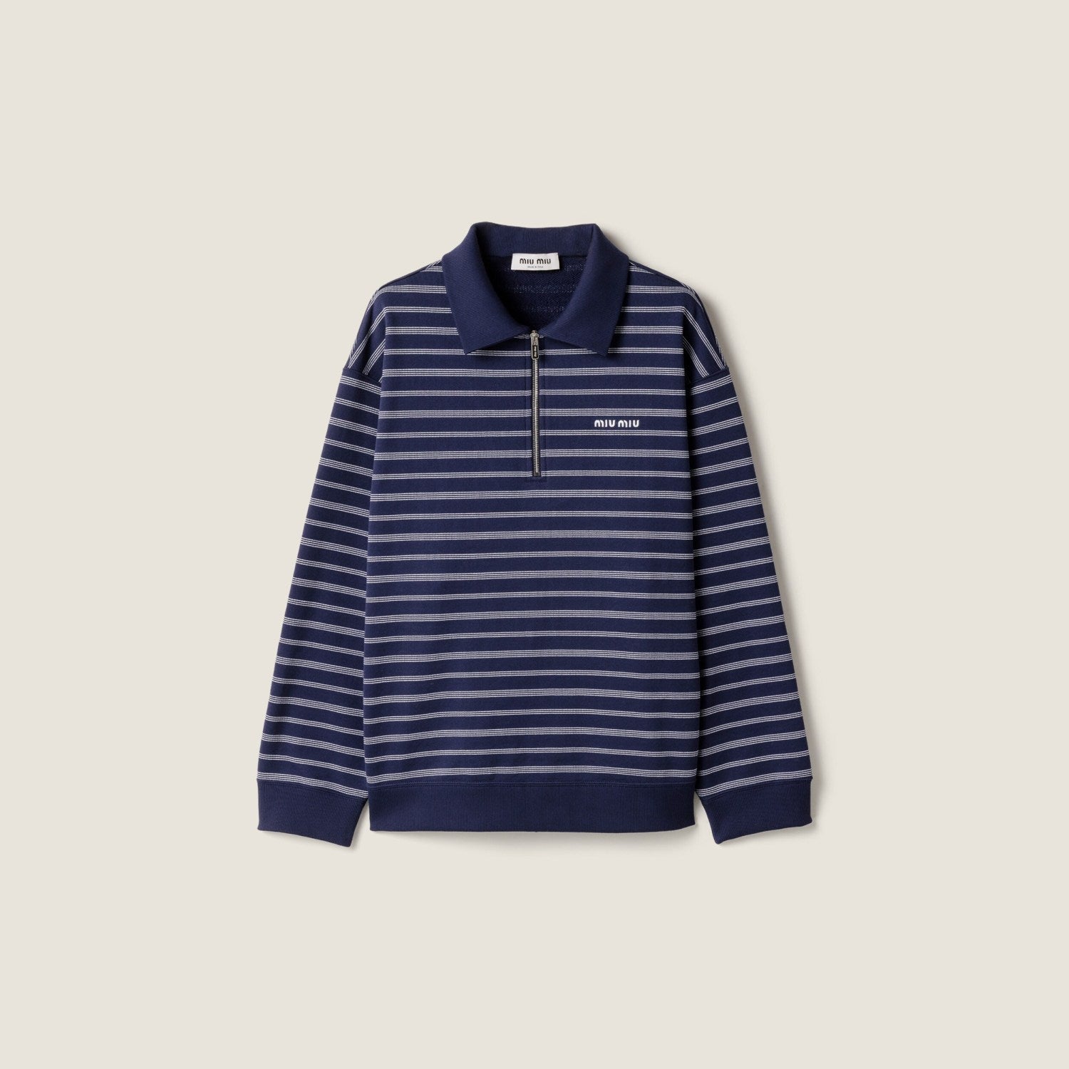 MiuMiu Women's Summer Logo Embroidered Cotton Loose-Fit Color-Block Striped Zipper Polo Shirt #81544
