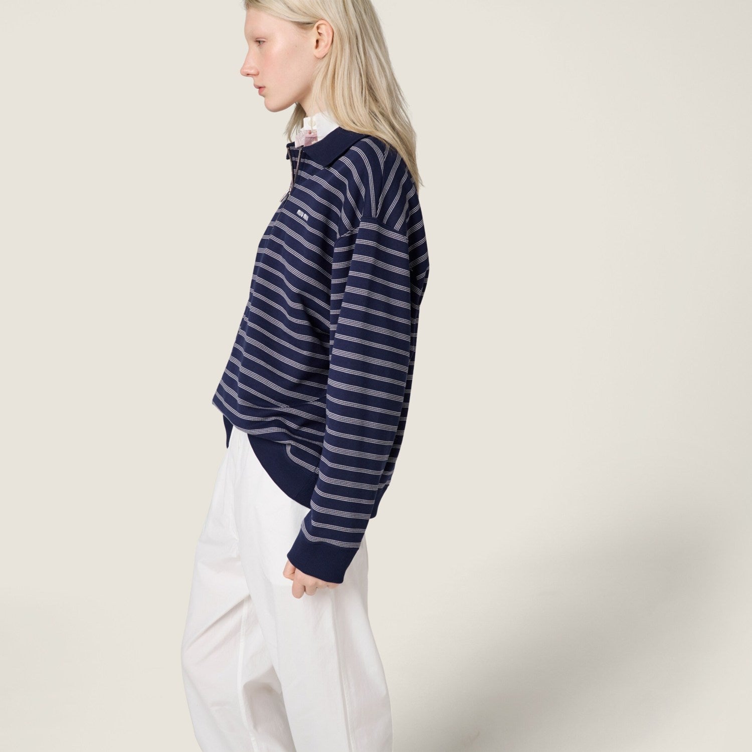MiuMiu Women's Summer Logo Embroidered Cotton Loose-Fit Color-Block Striped Zipper Polo Shirt #81544