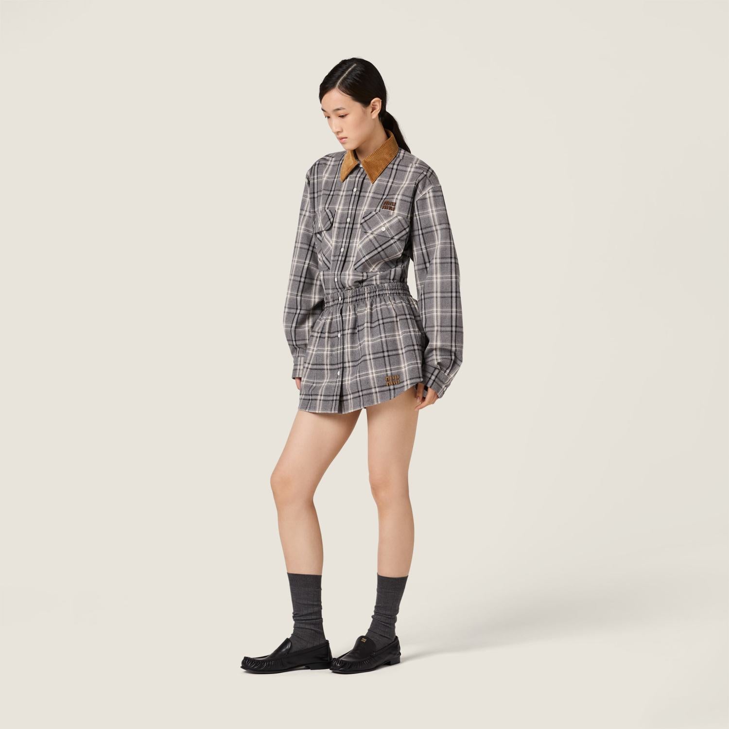 MiuMiu Slate Gray Checked Flannel Shirt Miniskirt #333609