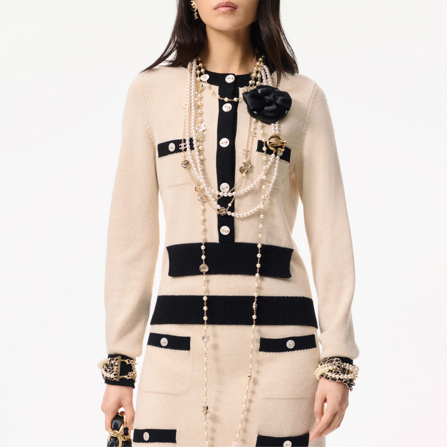 Chanel Women's Color-Blocked Round-Neck Button-Up Long-Sleeve Cashmere Cardigan Spring/Fall High-Street Skirt Suit Set Ngvp #2711