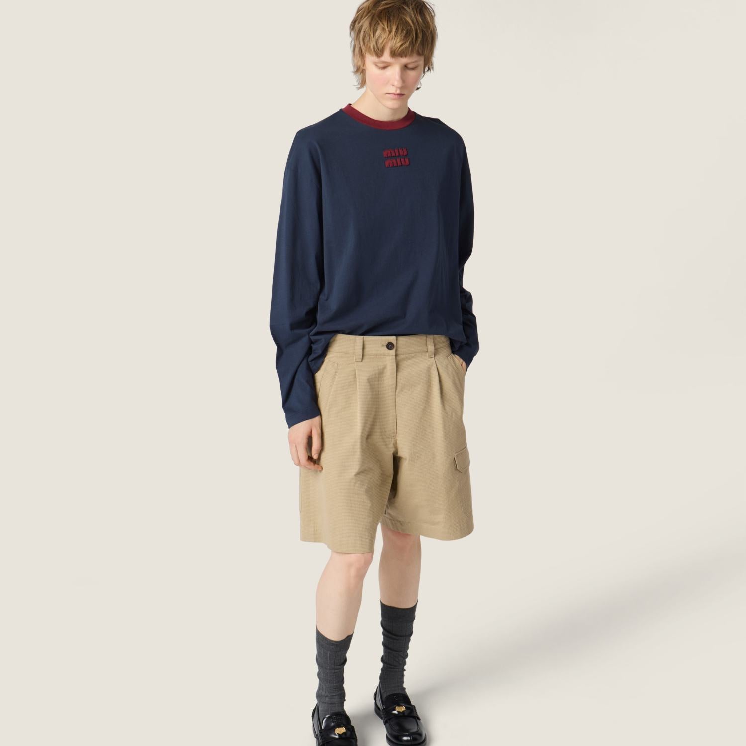 MiuMiu Blue burgundy Long-sleeved Cotton Jersey T-shirt #377089