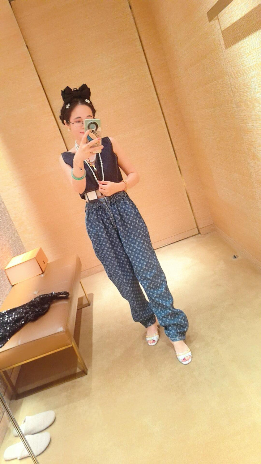 Louis Vuitton Monogram Jeans Women's Luxury Elastic Waist Drawstring Straight Jeans Fashion Temperament Trend Denim Pants  #81451