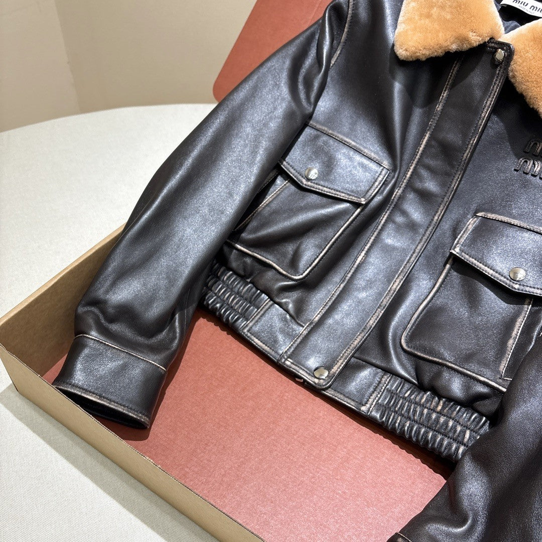 MiuMiu Women's Fur Collar Vintage Distressed Zip Black Nappa Leather Jacket #332783