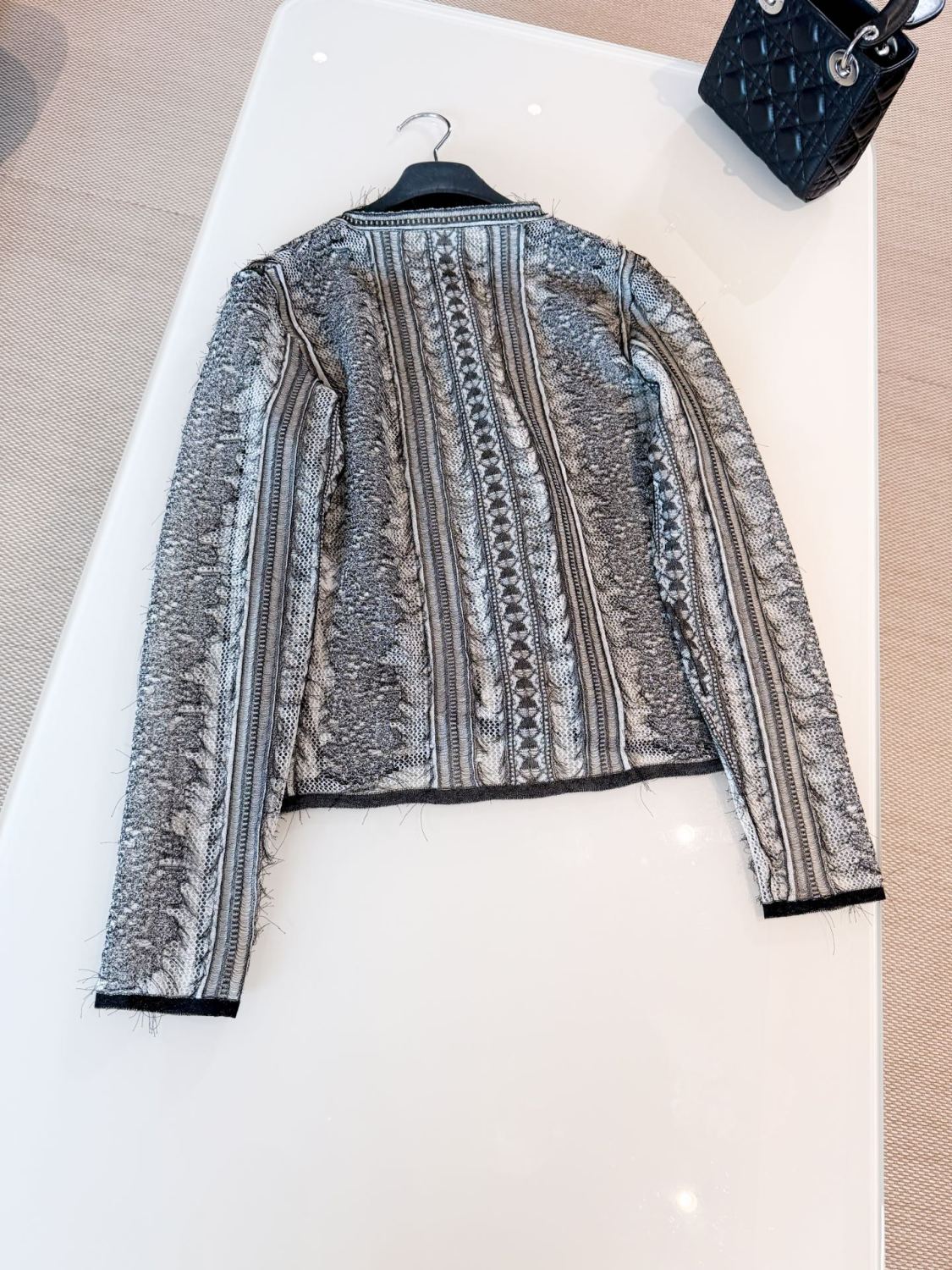 Dior Women's Spring/Summer/Fall Striped Embroidered Lace Hollow-Out Solid-Color Single-Breasted Round-Neck Knit Cardigan Ngvp #2398