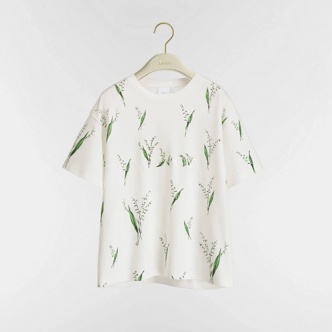 DIOR Oversized T-Shirt White Cotton Jersey with Multicolor Lily of the Valley Motif #377093