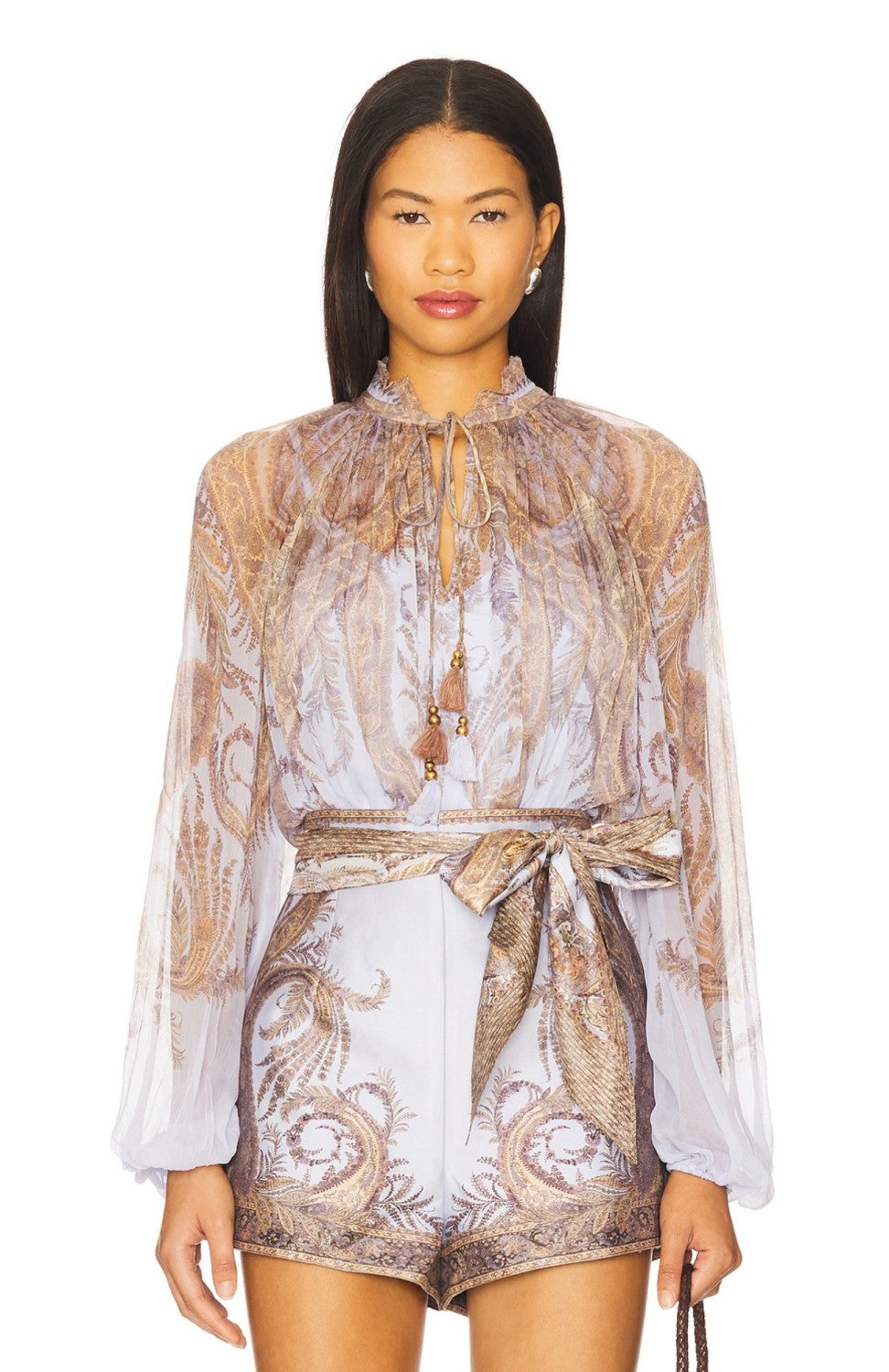 Zimmermann Women's Spring/Summer/Fall V-Neck Floral Print Loose-Fit Long-Sleeve Blouse Viscose Casual High-Waisted Shorts #81566