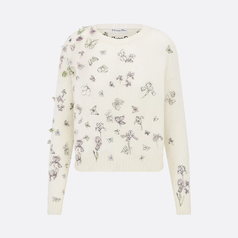 DIOR Embroidered Sweater White Alpaca Cashmere and Silk Knit with Multicolor Butterflies Iris Motif #335853