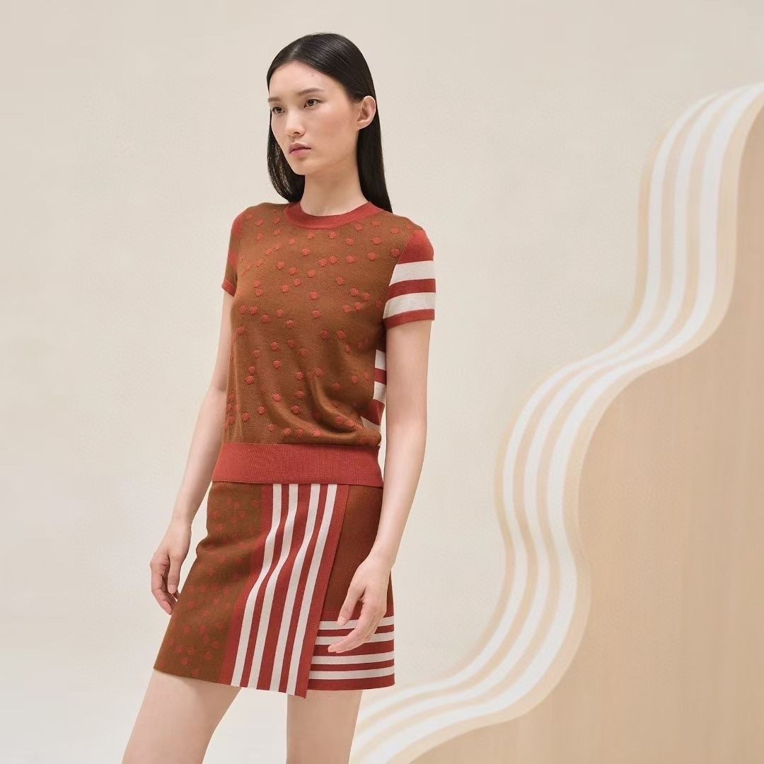 Hermes Women's Spring And Summer Cashmere Knitted T-shirt Round Neck Short-sleeved Color Collision Striped Polka Dot Short Knitted Sweater Bottoming Sweater Ngvp #2473