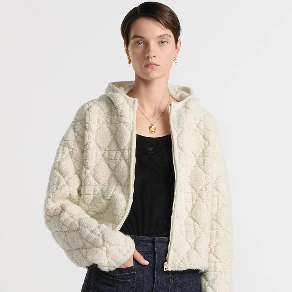 DiorZip Hooded Cardigan White Sheep Wool Blend Textured Knit Cannage #332748