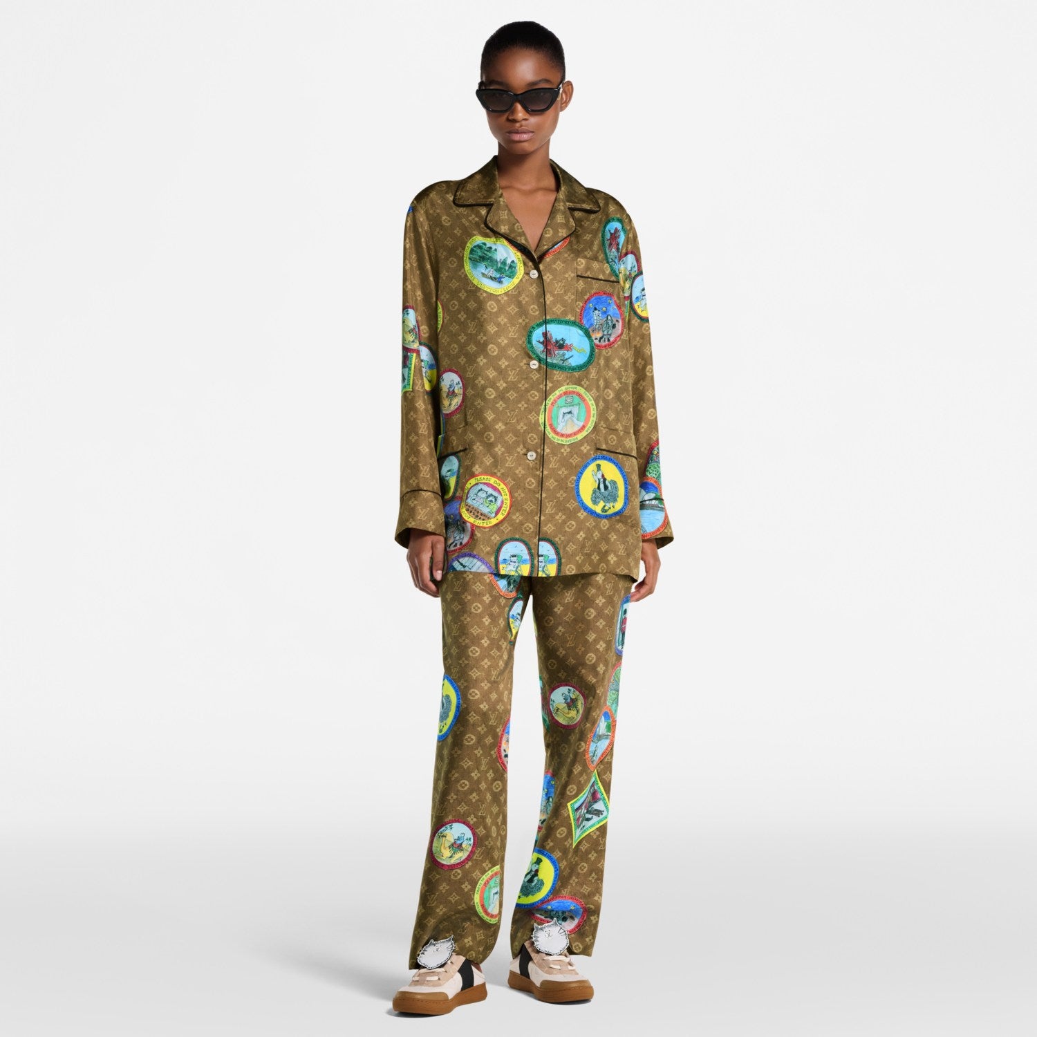 Louis Vuitton Men's And Women's Spring/Fall Fashion Casual V-Neck Collar Single-Button Print Shirt with Elastic Waistband Loose-Fit Relaxed Pants Sleepwear Suit Set #78868