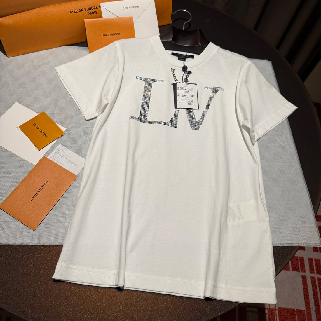 Louis Vuitton Women's Summer Logo Rhinestone Solid Color Short Sleeve Cotton Round Neck T-Shirt #81513