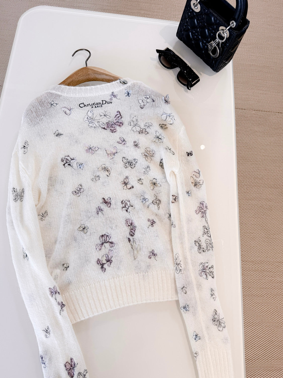 DIOR Embroidered Sweater White Alpaca Cashmere and Silk Knit with Multicolor Butterflies Iris Motif #335853