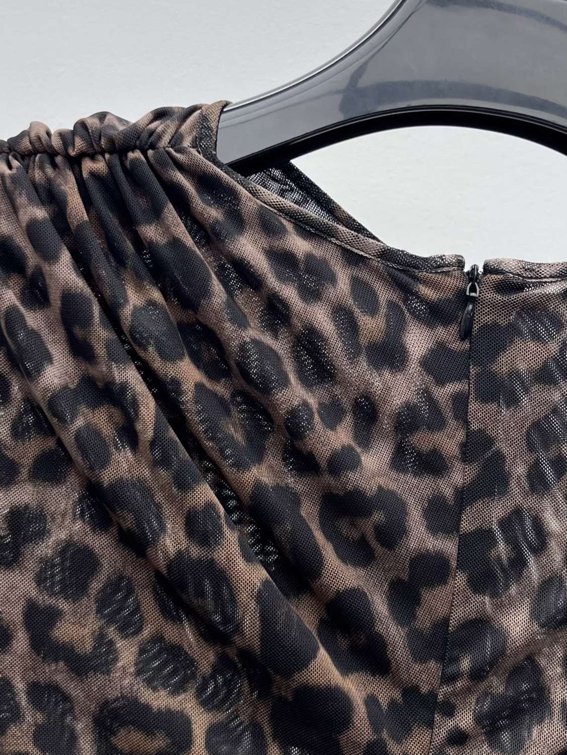 Saint Laurent Ruched Mini Dress in Leopard Tulle Jersey in Brown #334380