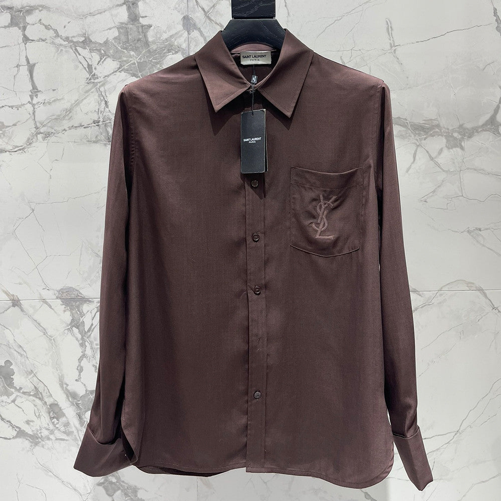 Saint Laurent Women's Lapel Embroidered Pocket Logo Shirt #333271