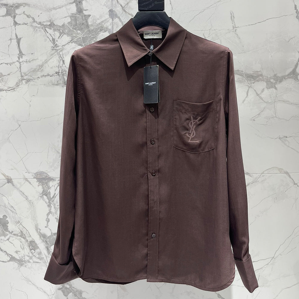 Saint Laurent Women's Lapel Embroidered Pocket Logo Shirt #333271