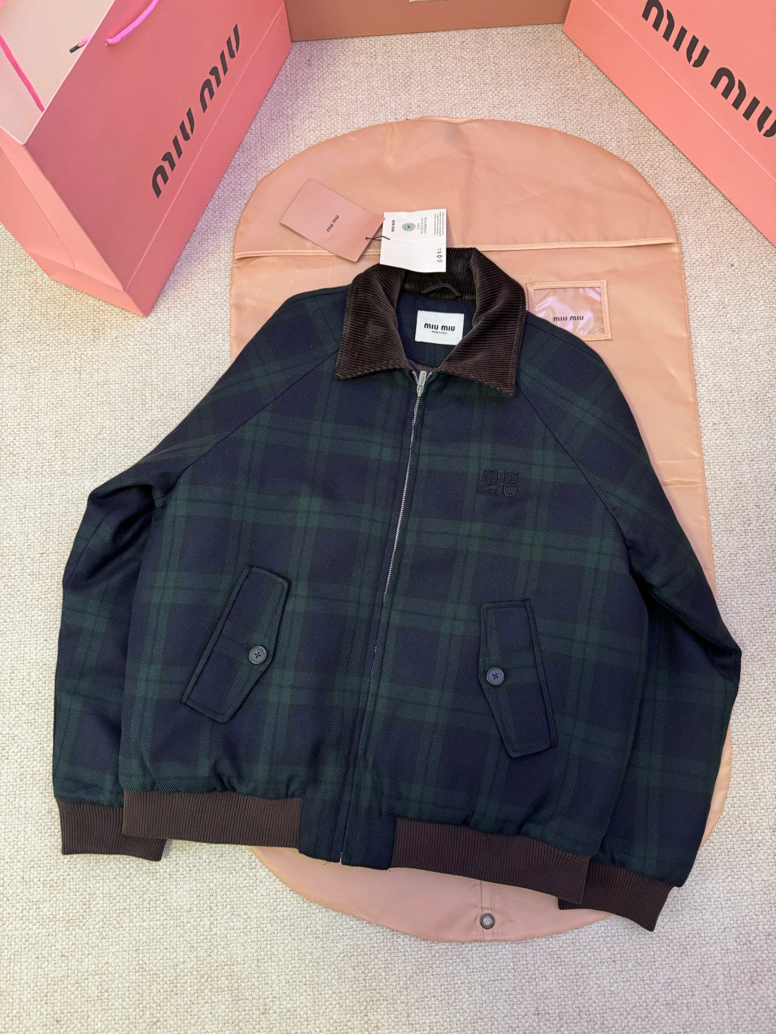 MiuMiu Women's Blue green Checked Twill Blouson Jacket #333542