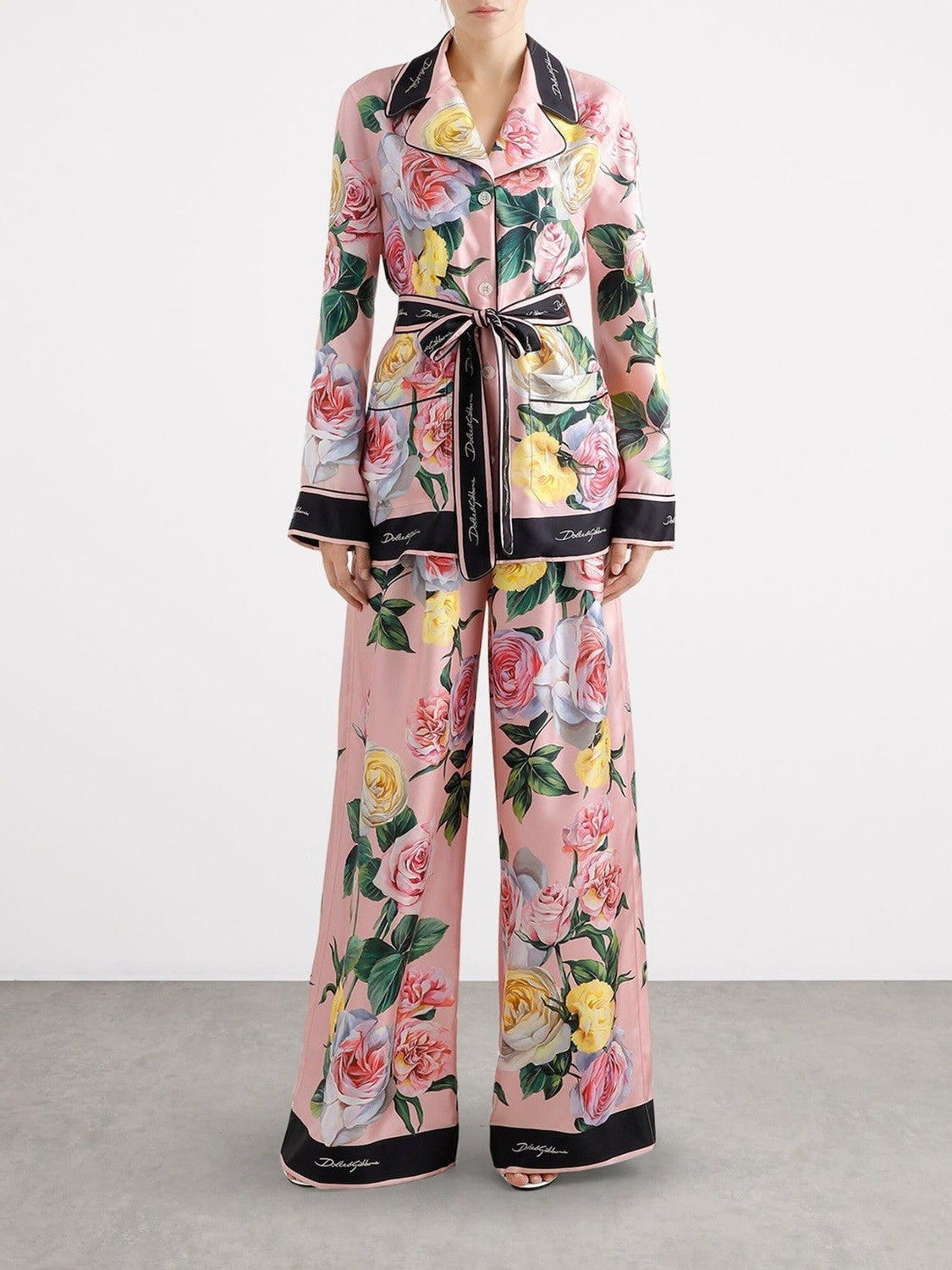 Dolce&Gabbana Women's Autumn/winter Floral Print Silk Satin Blouse  Shirt With Belted Collar Straight-leg Casual Trousers Pants Set Suit  Ngvp #2628