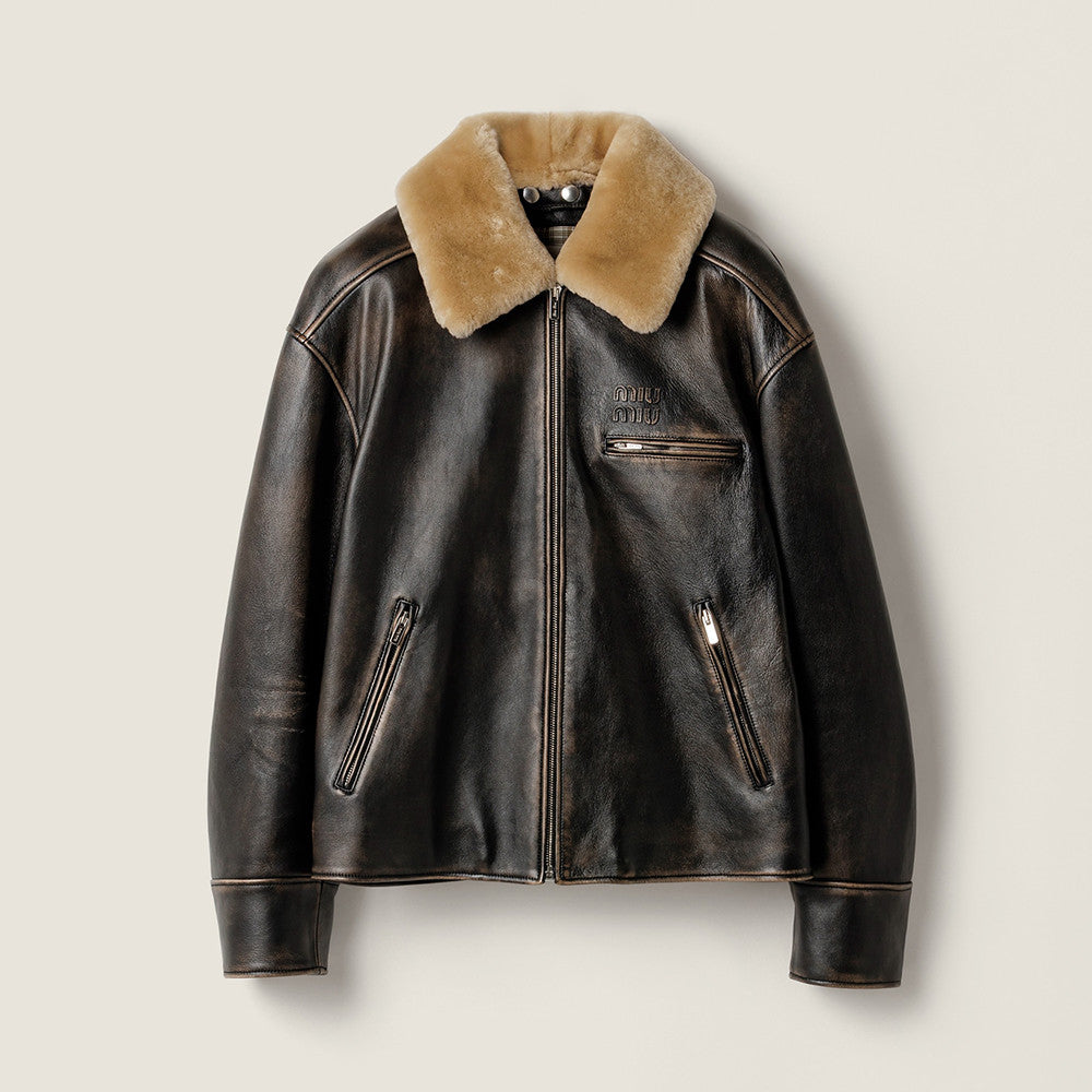 MiuMiu Women's Fur Collar Vintage Distressed Zip Black Nappa Leather Jacket #332783