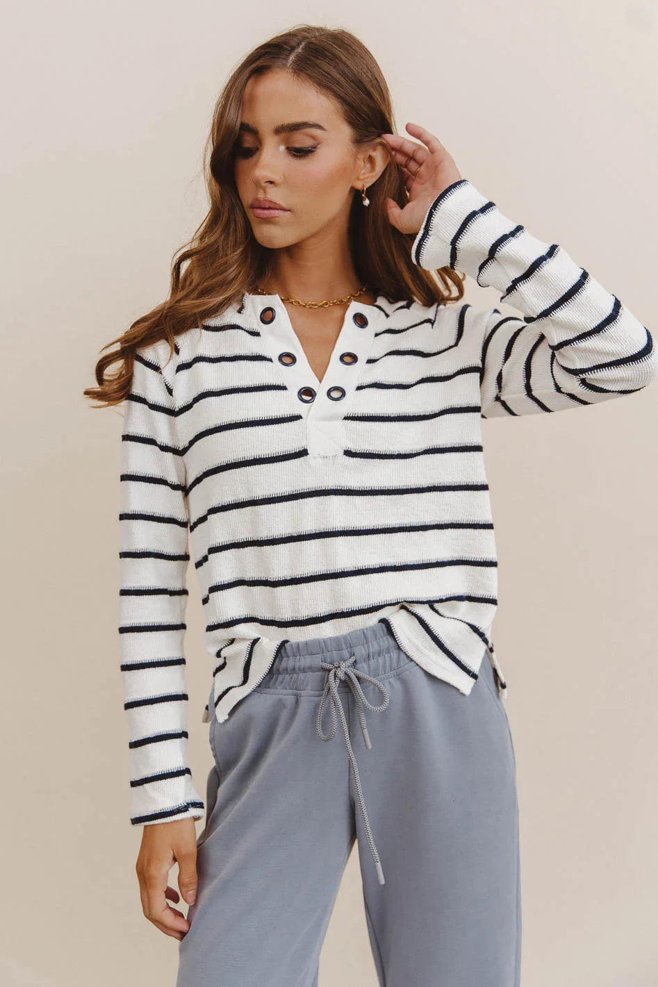Franny Striped Grommet Top in Navy
