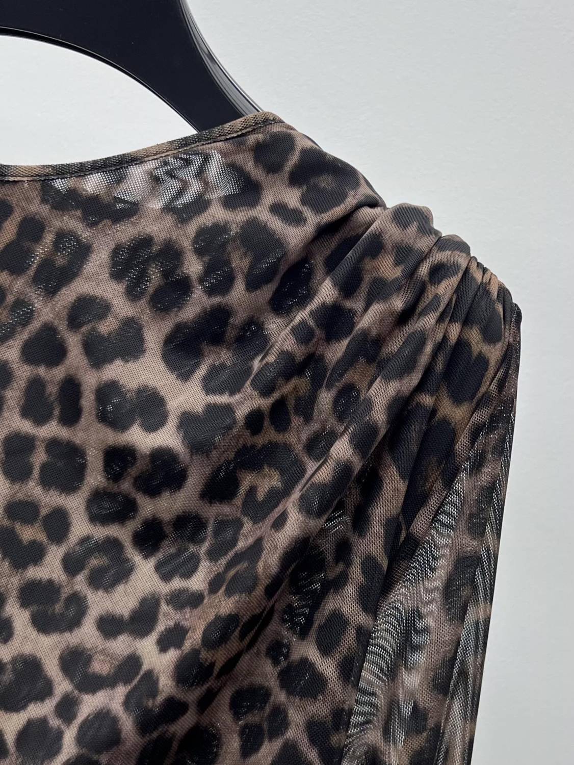 Saint Laurent Ruched Mini Dress in Leopard Tulle Jersey in Brown #334380