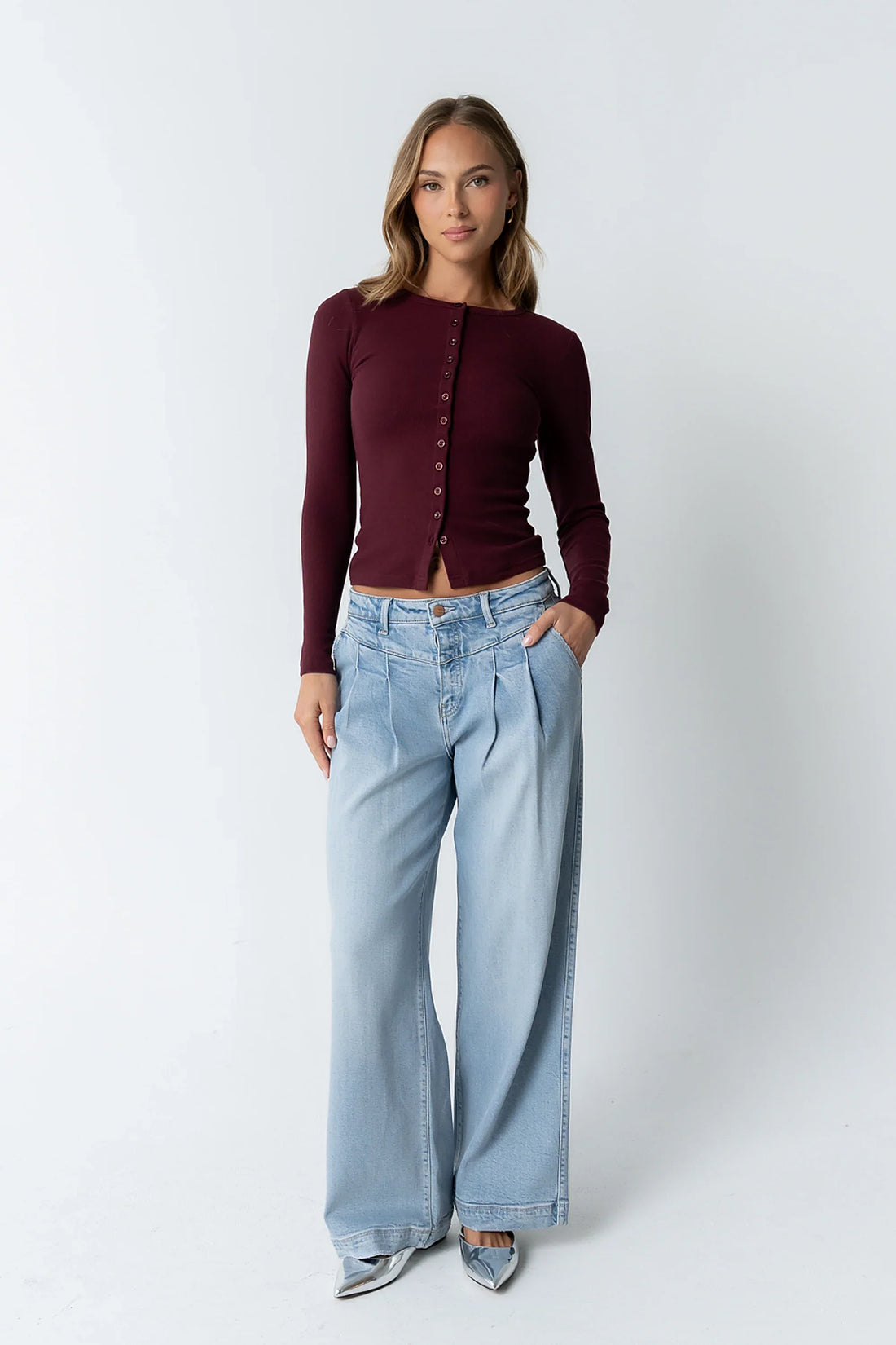 Mia Button Up Top in Burgundy