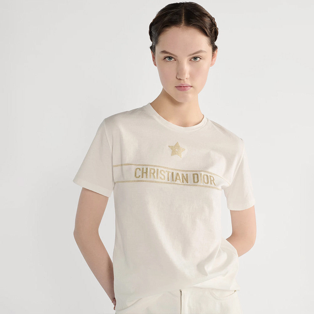 DIOR Embroidered T-Shirt Black and Gold-Tone Cotton Blend Jersey #336628