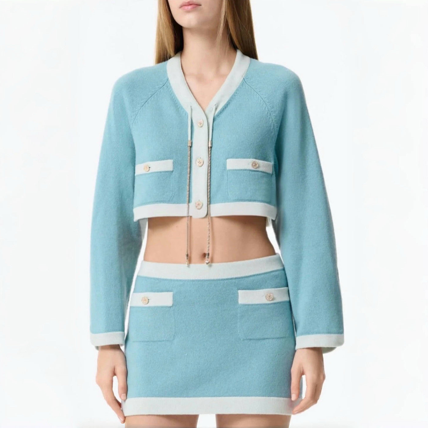 Chanel Women's Spring/Autumn Color-Block Single-Breasted Short-Sleeved Long-Sleeved Cashmere Knitted Cardigan Casual Logo Button Multi-Pocket Half-Skirt Ngvp #2282