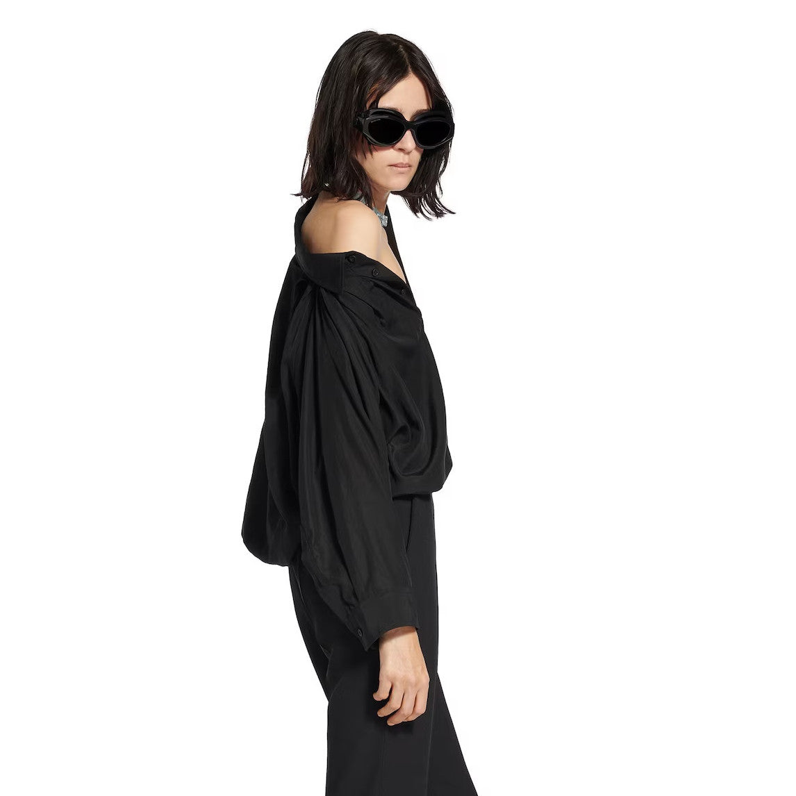 Balenciaga Women's Spring/Fall Fashion Casual Solid Color Lapel Front Button Long Sleeve One Shoulder Shirt #78818