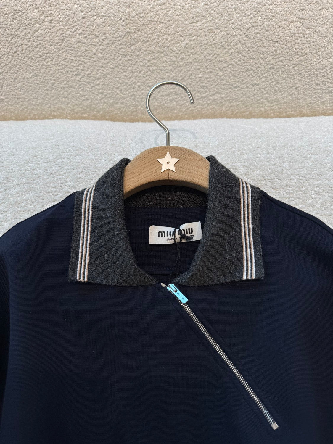 MiuMiu Women's Spring/Fall Casual Fashion Collared Pullover Diagonal Zipper Design Contrasting Color Long Sleeves Sweatshirt #79327