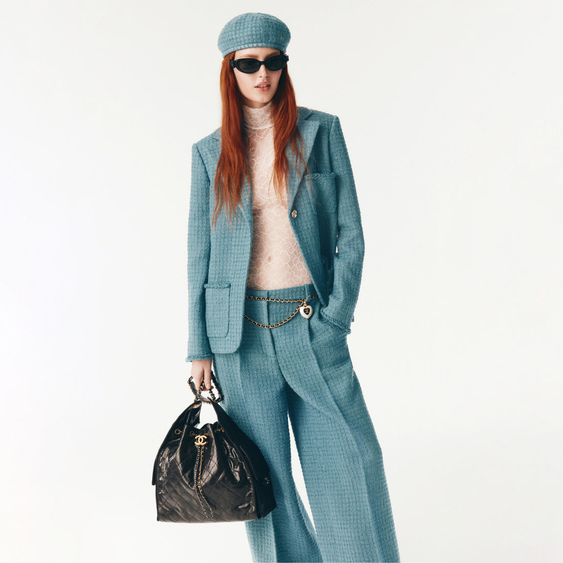 Chanel Women's Spring/Fall Fashion Classic V-Neck Single Button Check Tweed Fabric Chanel Style Blazer French Vintage Tweed Fabric Pants Suit Set #79155