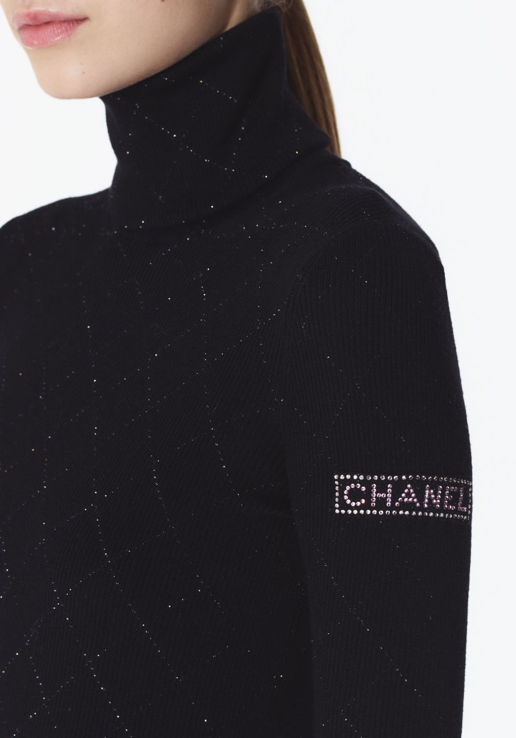 Chanel Turtleneck Pullove Sequined Wool Black Gold Silve #333816