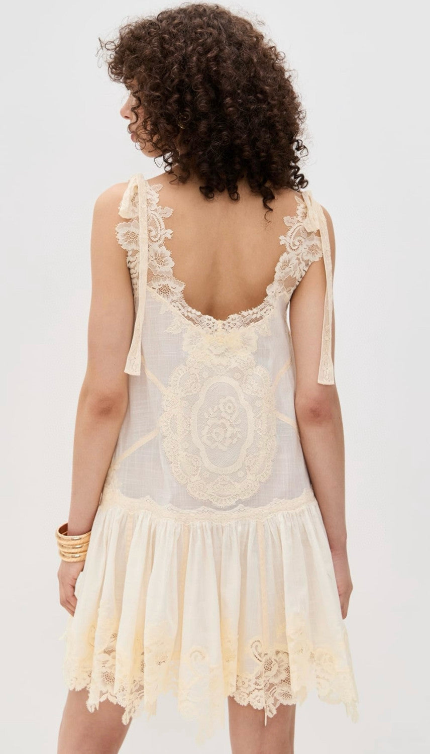 Zimmermann Women's Cascadian Lace Embroidered Contrast Color Patchwork Print V-Neck Summer Sleeveless Mini Dress #81568