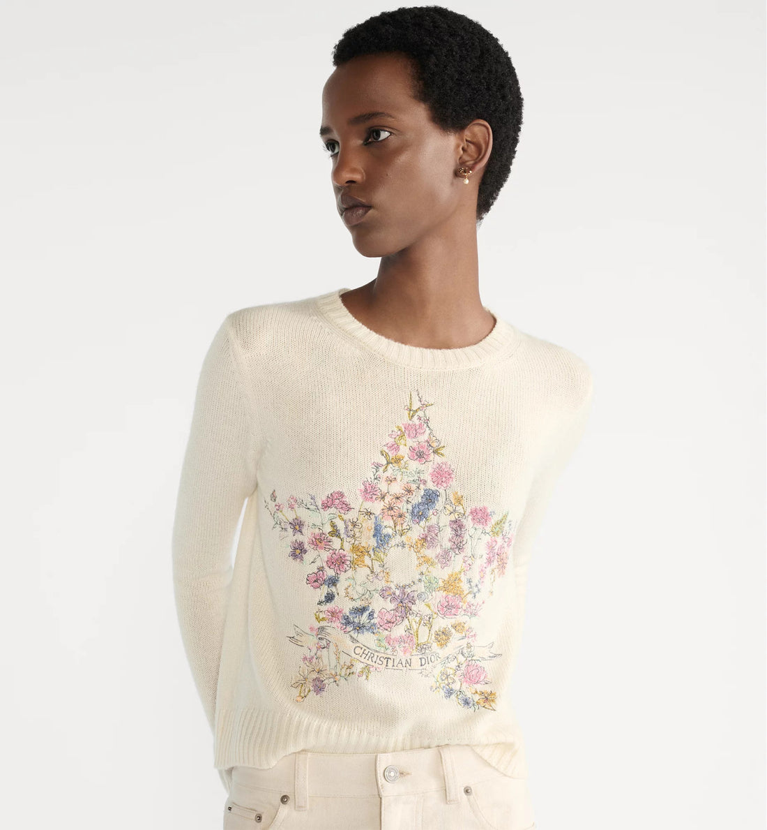 Dior Women's High-Street Floral Embroidered Spring/Fall/Winter Solid-Color Crewneck Cashmere Long-Sleeve Knit Sweater #81527