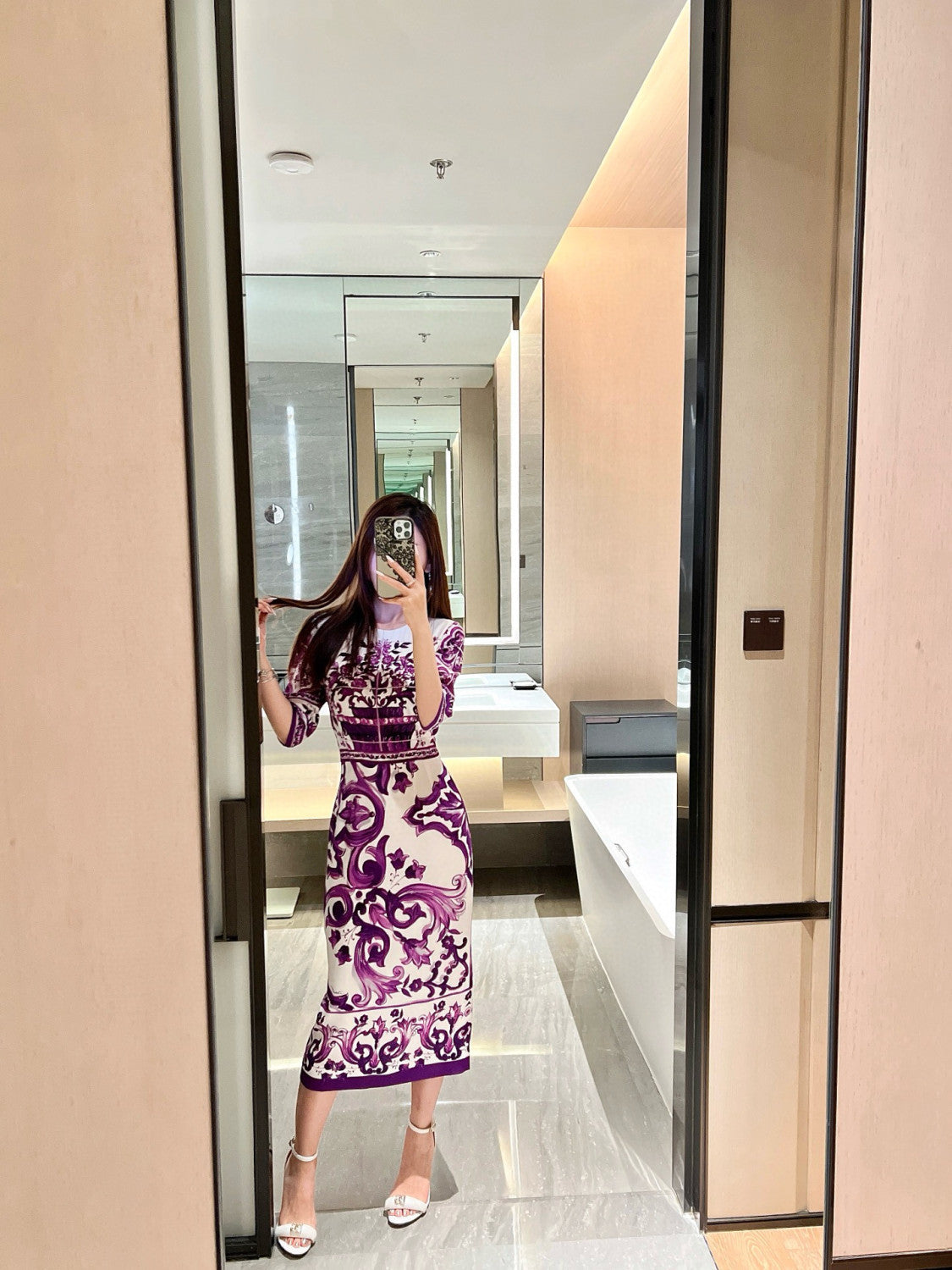 Dolce&Gabbana Majolica Printed Vegan Crepe Satin Dress Women's Spring Summer Purple Fashion Elegant Evening Dresses Ngvp #2428