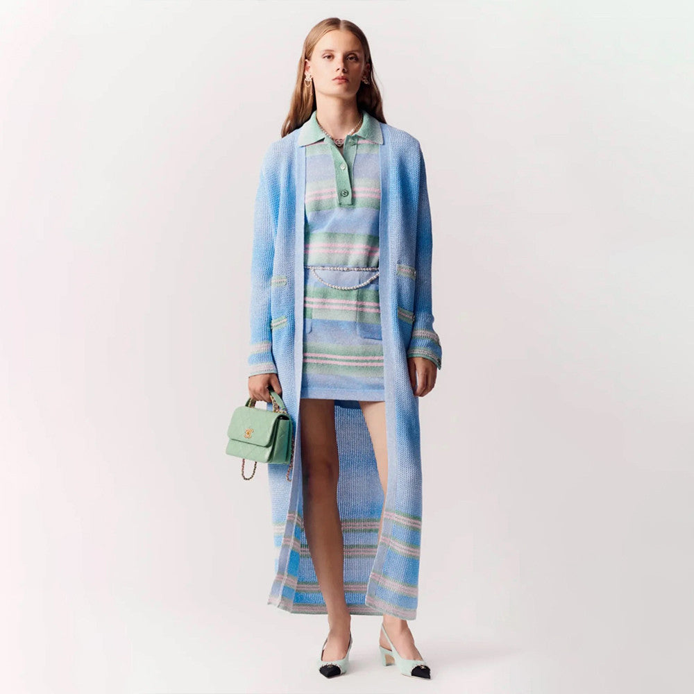 Chanel Women's Summer Striped Color-Blocked Double-Pocket Polo-Neck Long-Sleeve Knit Dress Ngvp #2516