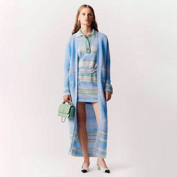 Chanel Women's Summer Striped Color-Blocked Double-Pocket Polo-Neck Long-Sleeve Knit Dress Ngvp #2516