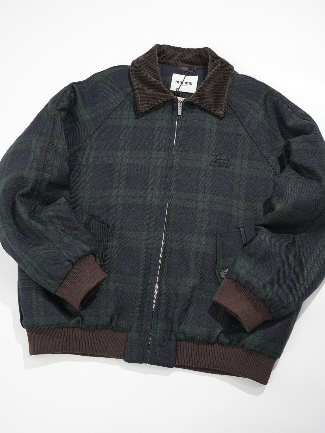 MiuMiu Women's Blue green Checked Twill Blouson Jacket #333542