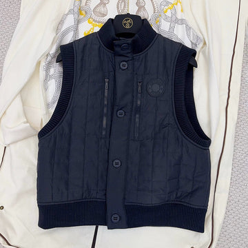 Hermes Women's Fall/Winter Stand Collar Plaid Solid-Color Cotton-Blend Sleeveless Pilot Jacket Vest Ngvp #2547