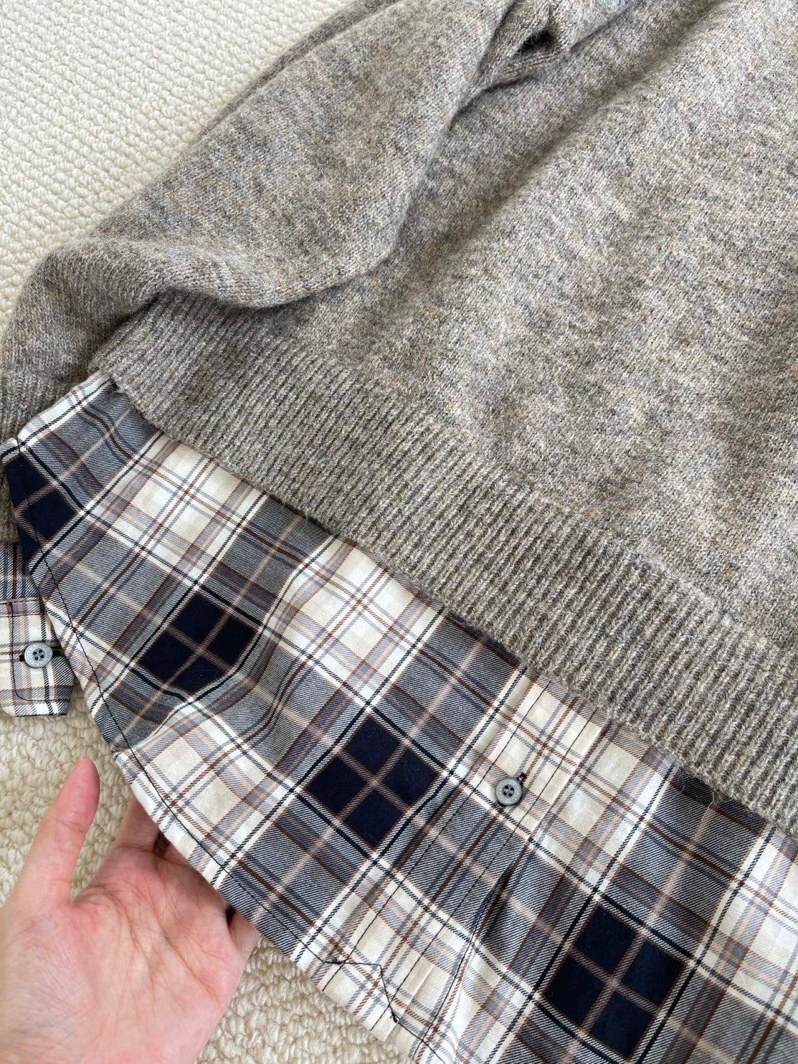 Acne Studios FW25 Women's Layered Wool Hoodie Beige Plaid Patchwork Sweater #332244