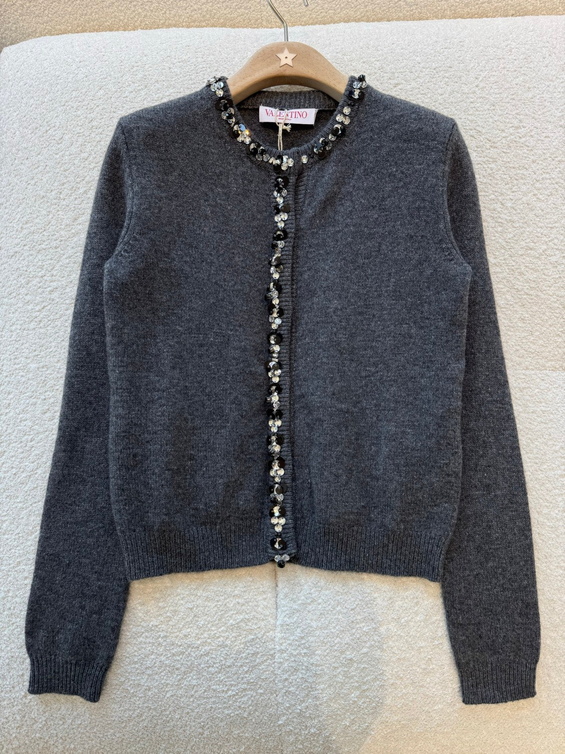 Valentino Women's Luxury Sequins Gray Wool Cardigan Autumn And Winter Fashion Trend Leisure Exquisite Single-breasted Knitted Cardigan Ngvp #2449