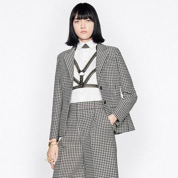 Dior Women's Stylish Classic V-Neck Single-Breasted Houndstooth Wool Blazer Jacket #78675
