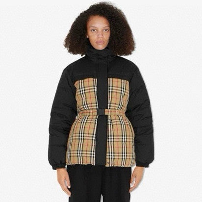 Burberry Women's Winter Fashion Casual Color Blocked High Neck Zipper Reversible Checkered Waist-Defining Down Jacket #78983