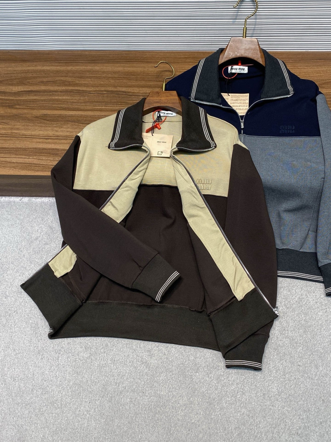 MiuMiu Blue grey Velour Blouson Zipper Jacket Navy Jersey Pants   #335444