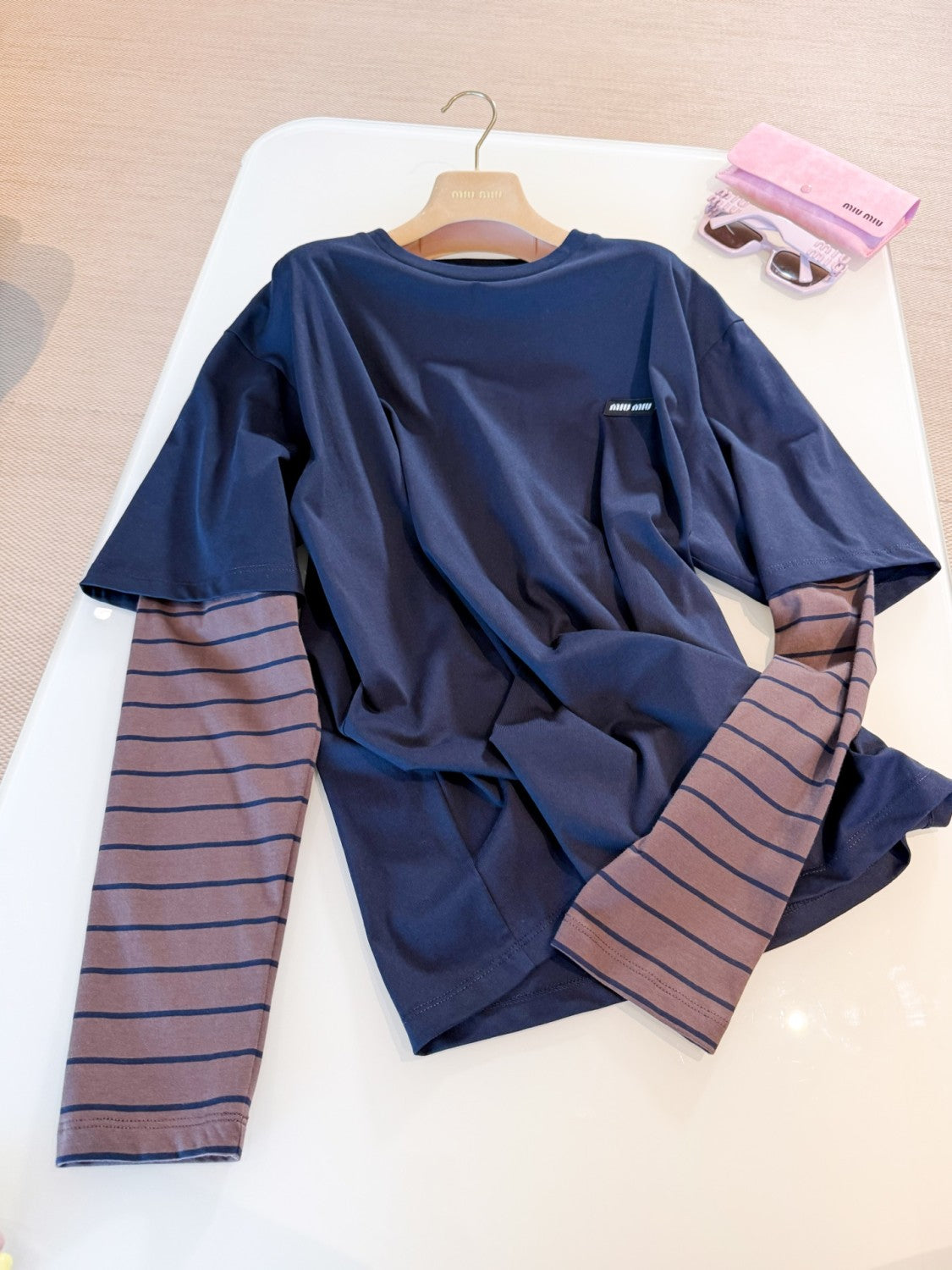 MiuMiu Women's Spring/autumn Fashion Casual Two Piece Color Block Round Neck Striped Long Sleeve Plain Knit T-Shirt #78389