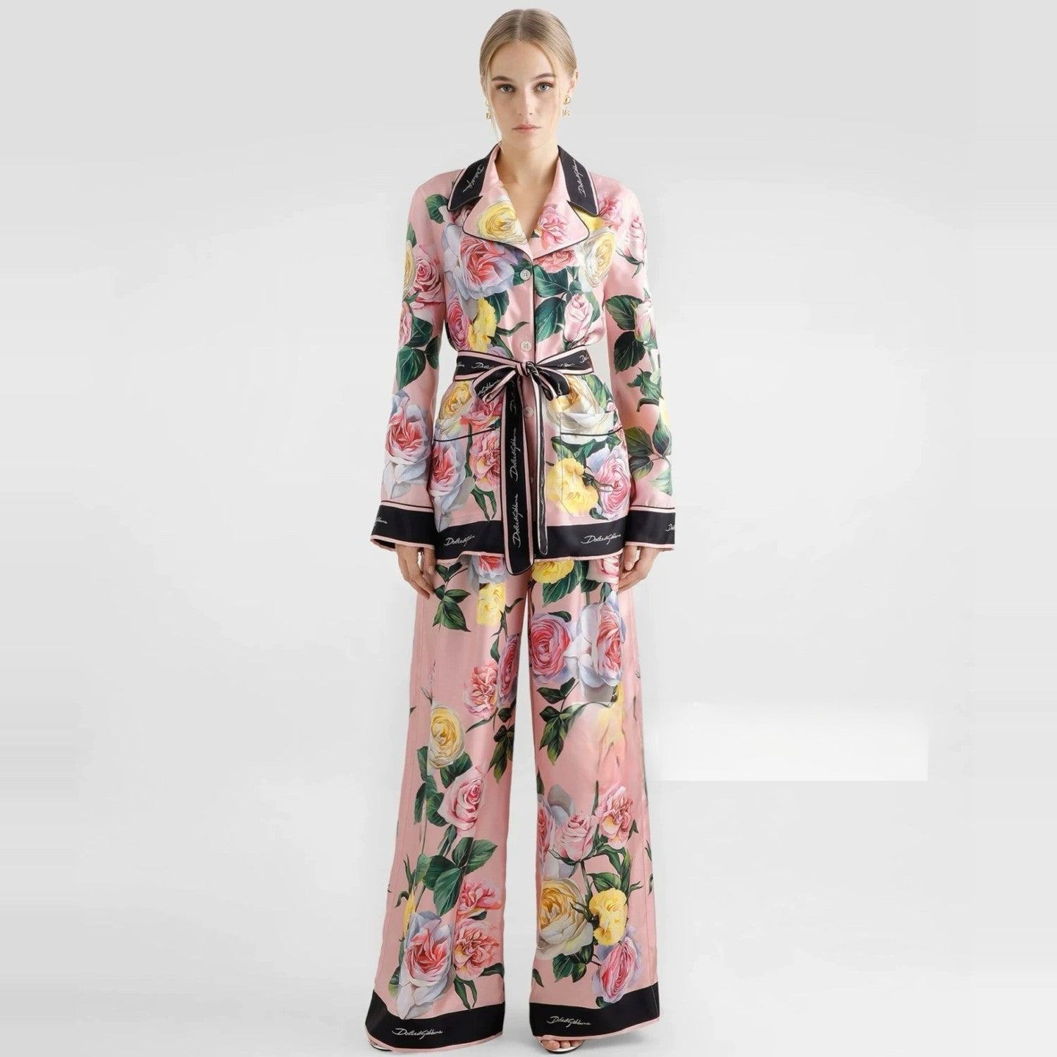 Dolce&Gabbana Women's Autumn/winter Floral Print Silk Satin Blouse  Shirt With Belted Collar Straight-leg Casual Trousers Pants Set Suit  Ngvp #2628
