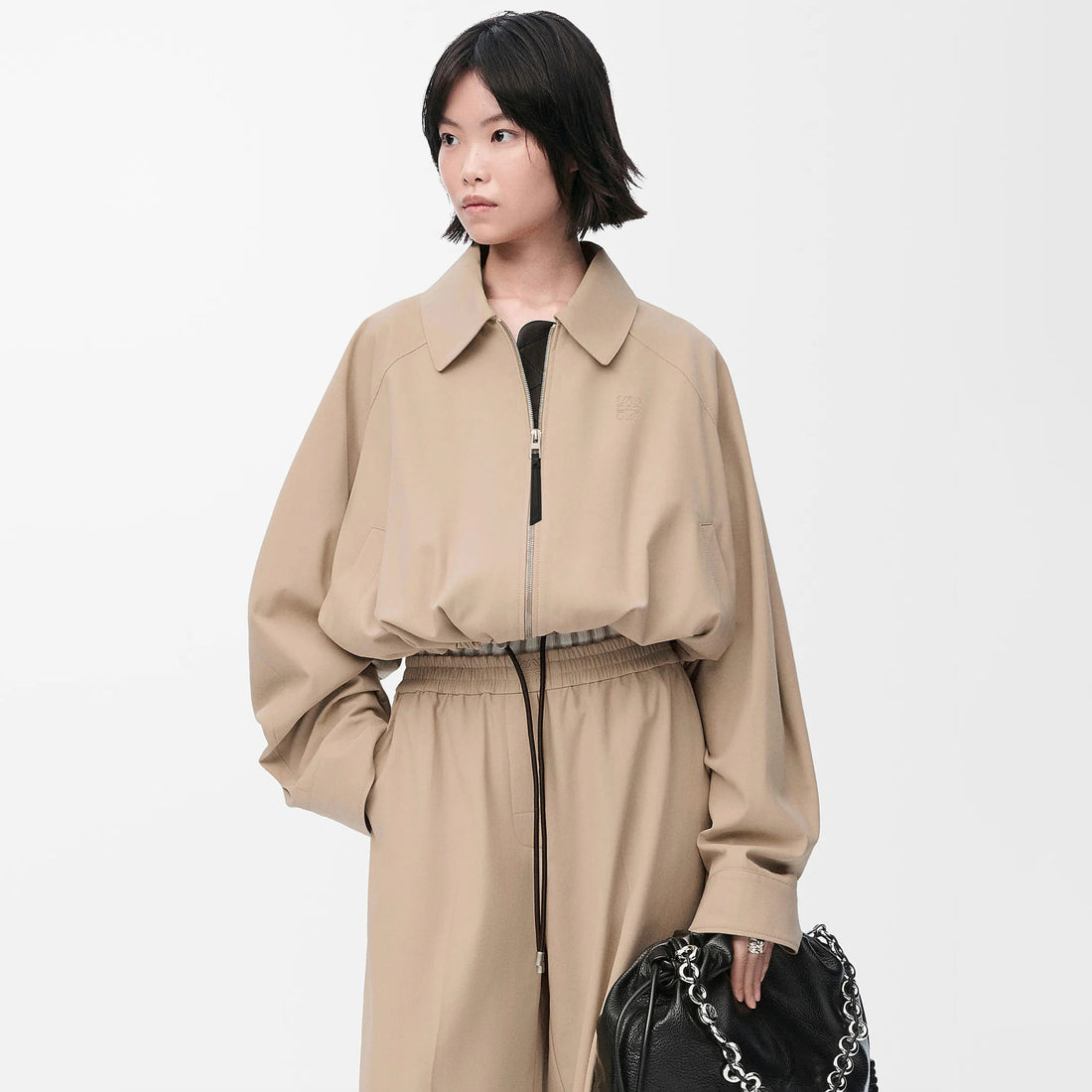 Loewe Women's Spring/Fall Fashion Casual Lapel Zipper Solid Color Embroidered Print Waist Elastic Short Jacket #79474