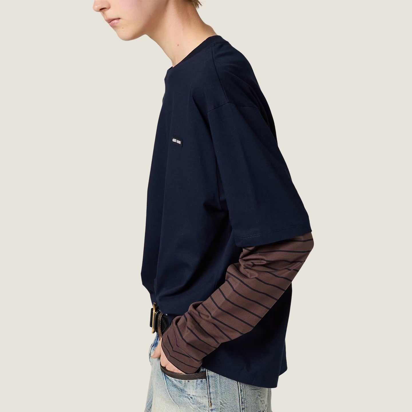 MiuMiu Women's Spring/autumn Fashion Casual Two Piece Color Block Round Neck Striped Long Sleeve Plain Knit T-Shirt #78389