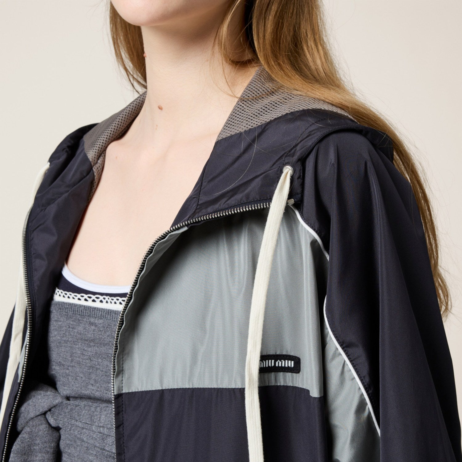 MiuMiu Women's Spring/Summer Striped Color-Block Logo Zipper Hooded Oversized Short Jacket #81594
